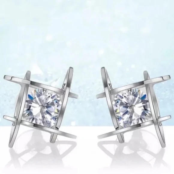 New Silver 3D Cage Diamond Stud Earrings